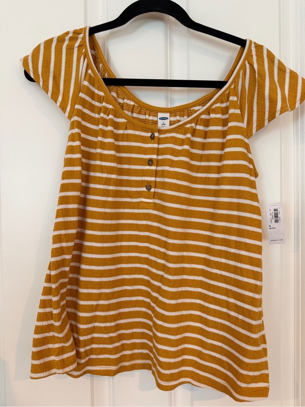 Old Navy Mustard and White Striped Scoop Neck Tee